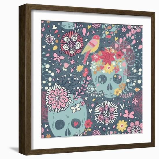 Mexican Concept Background with Flowers, Skulls and Birds-smilewithjul-Framed Art Print