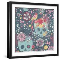 Mexican Concept Background with Flowers, Skulls and Birds-smilewithjul-Framed Art Print