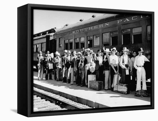 Mexican Farm Workers Boarding Train to Be Taken to Work on Us Farms-J^ R^ Eyerman-Framed Stretched Canvas