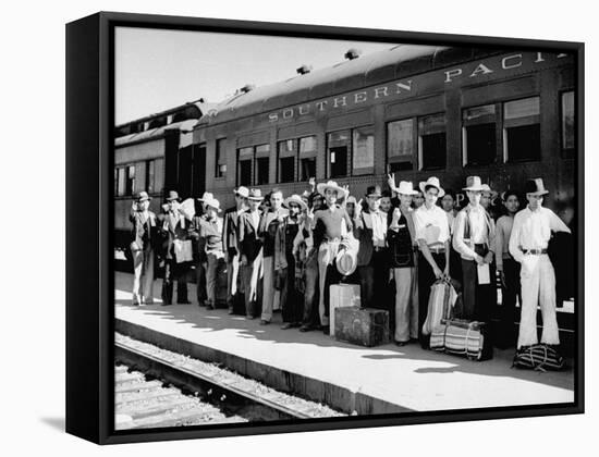 Mexican Farm Workers Boarding Train to Be Taken to Work on Us Farms-J^ R^ Eyerman-Framed Stretched Canvas