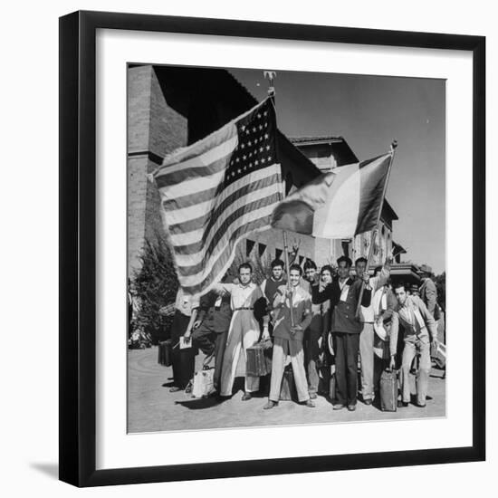 Mexican Farm Workers Waving American and Mexican Flags-J^ R^ Eyerman-Framed Premium Photographic Print