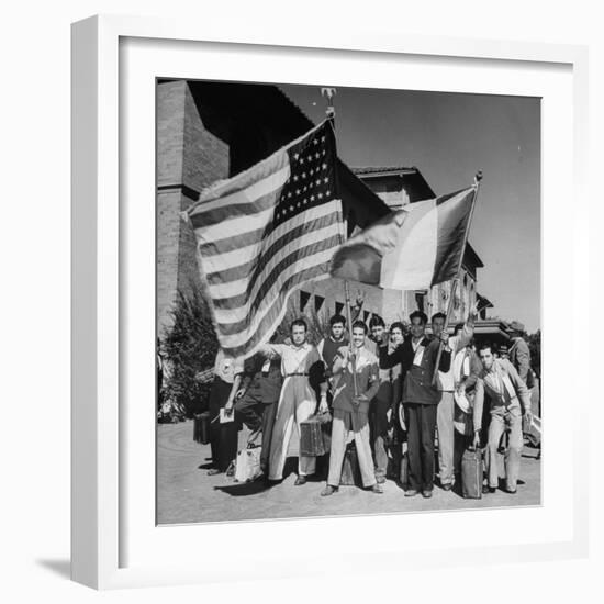 Mexican Farm Workers Waving American and Mexican Flags-J^ R^ Eyerman-Framed Photographic Print