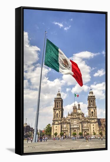 Mexican Flag, Plaza of the Constitution (Zocalo), Metropolitan Cathedral in Background-Richard Maschmeyer-Framed Stretched Canvas