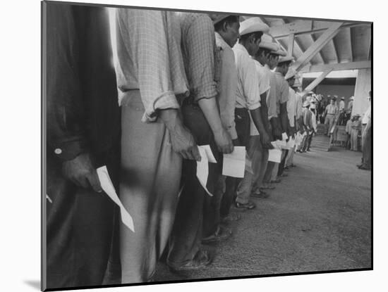Mexican Migrant Farm Workers Lined Up for Job Interviews and to Sign Contracts at Reception Center-null-Mounted Photographic Print