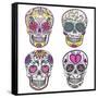 Mexican Skull Set. Colorful Skulls With Flower And Heart Ornamens. Sugar Skulls-cherry blossom girl-Framed Stretched Canvas