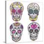Mexican Skull Set. Colorful Skulls With Flower And Heart Ornamens. Sugar Skulls-cherry blossom girl-Stretched Canvas