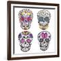 Mexican Skull Set. Colorful Skulls With Flower And Heart Ornamens. Sugar Skulls-cherry blossom girl-Framed Premium Giclee Print