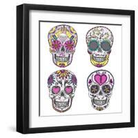 Mexican Skull Set. Colorful Skulls With Flower And Heart Ornamens. Sugar Skulls-cherry blossom girl-Framed Art Print