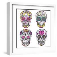 Mexican Skull Set. Colorful Skulls With Flower And Heart Ornamens. Sugar Skulls-cherry blossom girl-Framed Art Print