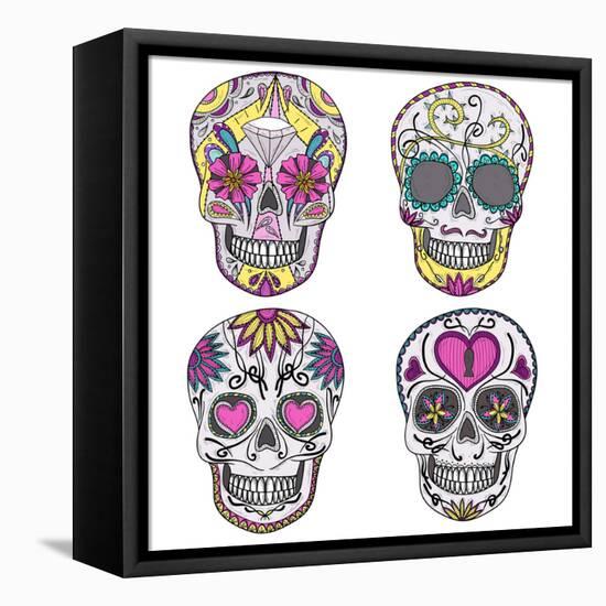 Mexican Skull Set. Colorful Skulls With Flower And Heart Ornamens. Sugar Skulls-cherry blossom girl-Framed Stretched Canvas