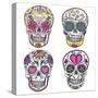 Mexican Skull Set. Colorful Skulls With Flower And Heart Ornamens. Sugar Skulls-cherry blossom girl-Stretched Canvas