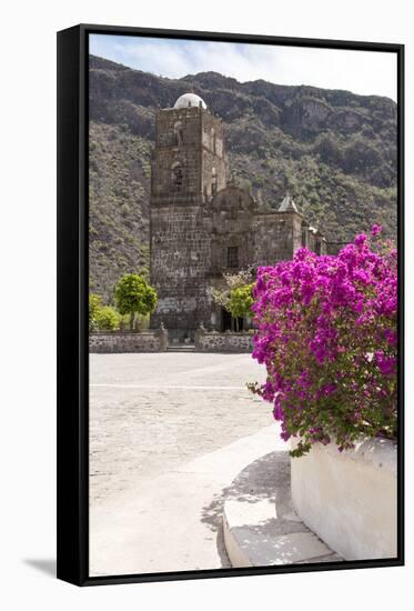 Mexico, Baja California Sur, Sea of Cortez. Mission San Francisco Javier with bougainvillea blooms-Trish Drury-Framed Stretched Canvas