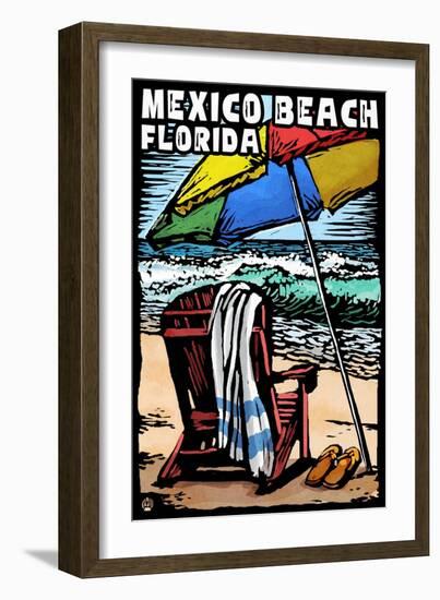 Mexico Beach, Florida - Beach Chair - Scratchboard-Lantern Press-Framed Art Print