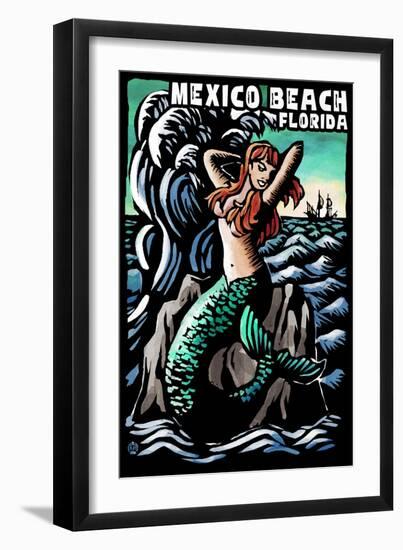 Mexico Beach, Florida - Mermaid - Scratchboard-Lantern Press-Framed Art Print
