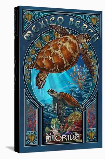 Mexico Beach, Florida - Sea Turtle Art Nouveau-Lantern Press-Stretched Canvas