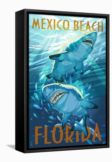 Mexico Beach, Florida - Stylized Tiger Sharks-Lantern Press-Framed Stretched Canvas