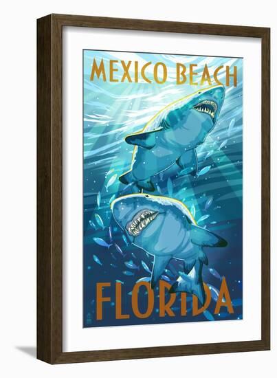 Mexico Beach, Florida - Stylized Tiger Sharks-Lantern Press-Framed Art Print