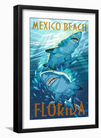 Mexico Beach, Florida - Stylized Tiger Sharks-Lantern Press-Framed Art Print