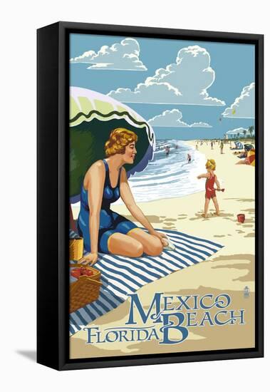 Mexico Beach, Florida - Woman and Beach Scene-Lantern Press-Framed Stretched Canvas