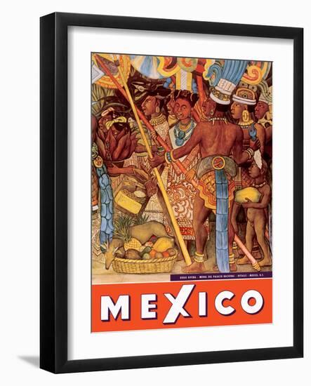 Mexico City - National Palace Mural Detail - Aztec Indians - Vintage Travel Poster, 1950s-Diego Rivera-Framed Art Print