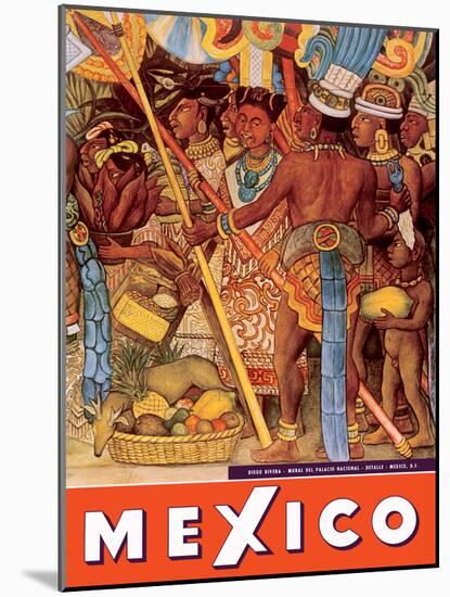 Mexico City - National Palace Mural Detail - Aztec Indians - Vintage Travel Poster, 1950s-Diego Rivera-Mounted Art Print