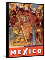 Mexico City - National Palace Mural Detail - Aztec Indians - Vintage Travel Poster, 1950s-Diego Rivera-Framed Stretched Canvas