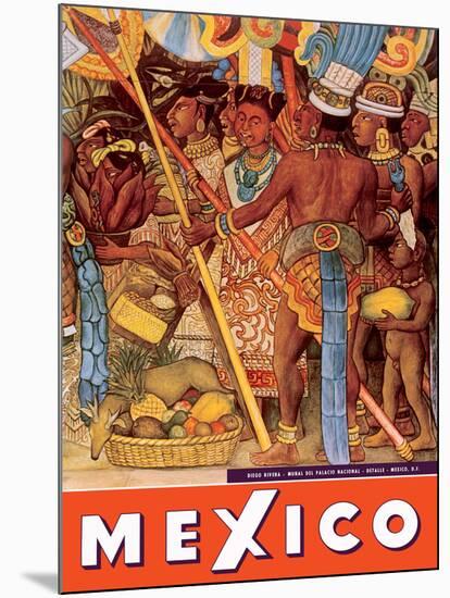 Mexico City - National Palace Mural Detail - Aztec Indians - Vintage Travel Poster, 1950s-Diego Rivera-Mounted Art Print