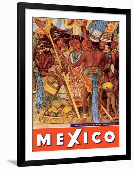 Mexico City - National Palace Mural Detail - Aztec Indians - Vintage Travel Poster, 1950s-Diego Rivera-Framed Art Print