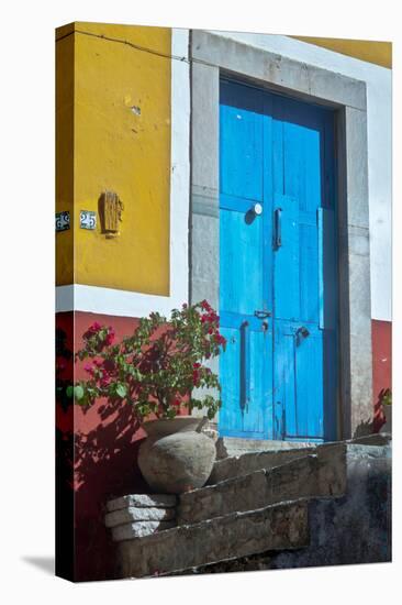 Mexico, Guanajuato the Colorful Homes and Buildings, Blue Front Door with Plant on Steps-Judith Zimmerman-Stretched Canvas