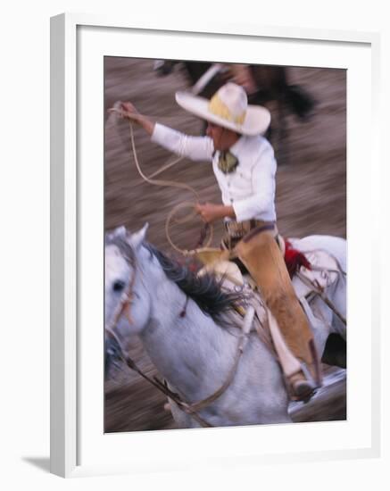 Mexico, Jalisco, Puerto Vallarta Cowboy attempts to rope a bull at the charro, rodeo-Merrill Images-Framed Premium Photographic Print