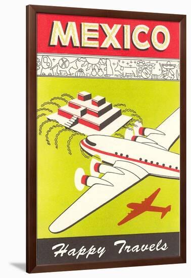 Mexico, Plane over Pyramid, Happy Travels-null-Framed Art Print