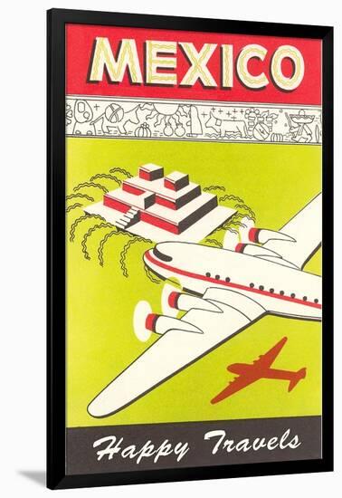 Mexico, Plane over Pyramid, Happy Travels-null-Framed Art Print