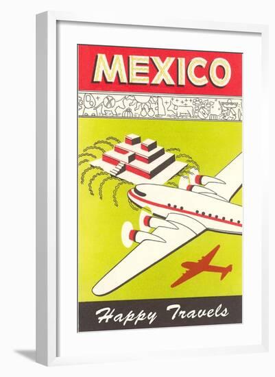 Mexico, Plane over Pyramid, Happy Travels-null-Framed Art Print