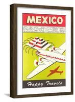 Mexico, Plane over Pyramid, Happy Travels-null-Framed Art Print