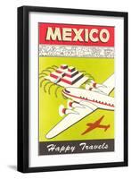 Mexico, Plane over Pyramid, Happy Travels-null-Framed Art Print