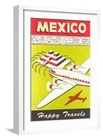 Mexico, Plane over Pyramid, Happy Travels-null-Framed Art Print