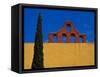 Mexico, San Miguel de Allende, Blue sky, city wall and Cypress Tree-Terry Eggers-Framed Stretched Canvas