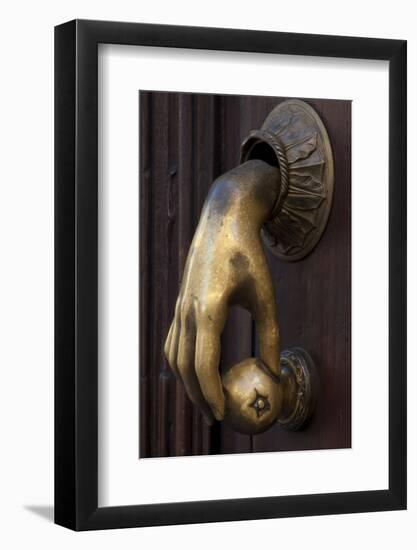 Mexico, San Miguel De Allende, Closed Wooden Door with Brass Hand Shaped Door Knocker-Judith Zimmerman-Framed Photographic Print