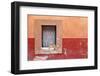 Mexico, San Miguel de Allende. Dog sitting in curtained window.-Don Paulson-Framed Photographic Print