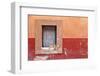 Mexico, San Miguel de Allende. Dog sitting in curtained window.-Don Paulson-Framed Photographic Print