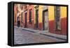 Mexico, San Miguel de Allende. Elderly man walks up sidewalk.-Don Paulson-Framed Stretched Canvas