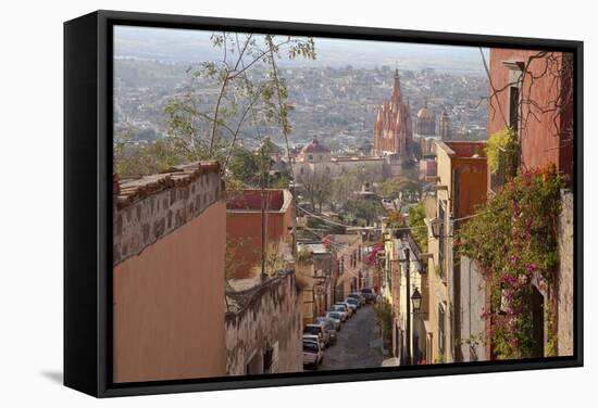 Mexico, San Miguel de Allende. Street scene with overview of city.-Don Paulson-Framed Stretched Canvas