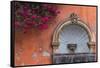 Mexico, Street Fountain Built into a Salmon Colored Wall with Fuschia Flowering Branch-Judith Zimmerman-Framed Stretched Canvas
