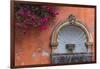 Mexico, Street Fountain Built into a Salmon Colored Wall with Fuschia Flowering Branch-Judith Zimmerman-Framed Photographic Print