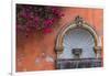 Mexico, Street Fountain Built into a Salmon Colored Wall with Fuschia Flowering Branch-Judith Zimmerman-Framed Premium Photographic Print