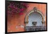 Mexico, Street Fountain Built into a Salmon Colored Wall with Fuschia Flowering Branch-Judith Zimmerman-Framed Premium Photographic Print