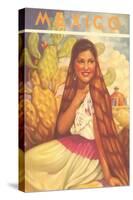 Mexico: Young Girl and Cactus , Poster Style-null-Stretched Canvas