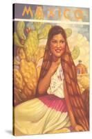 Mexico: Young Girl and Cactus , Poster Style-null-Stretched Canvas