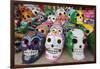 Mexico, Yucatan, Isla Mujeres, colorful ceramic calavera skulls for sale in market.-Merrill Images-Framed Photographic Print