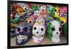 Mexico, Yucatan, Isla Mujeres, colorful ceramic calavera skulls for sale in market.-Merrill Images-Framed Photographic Print